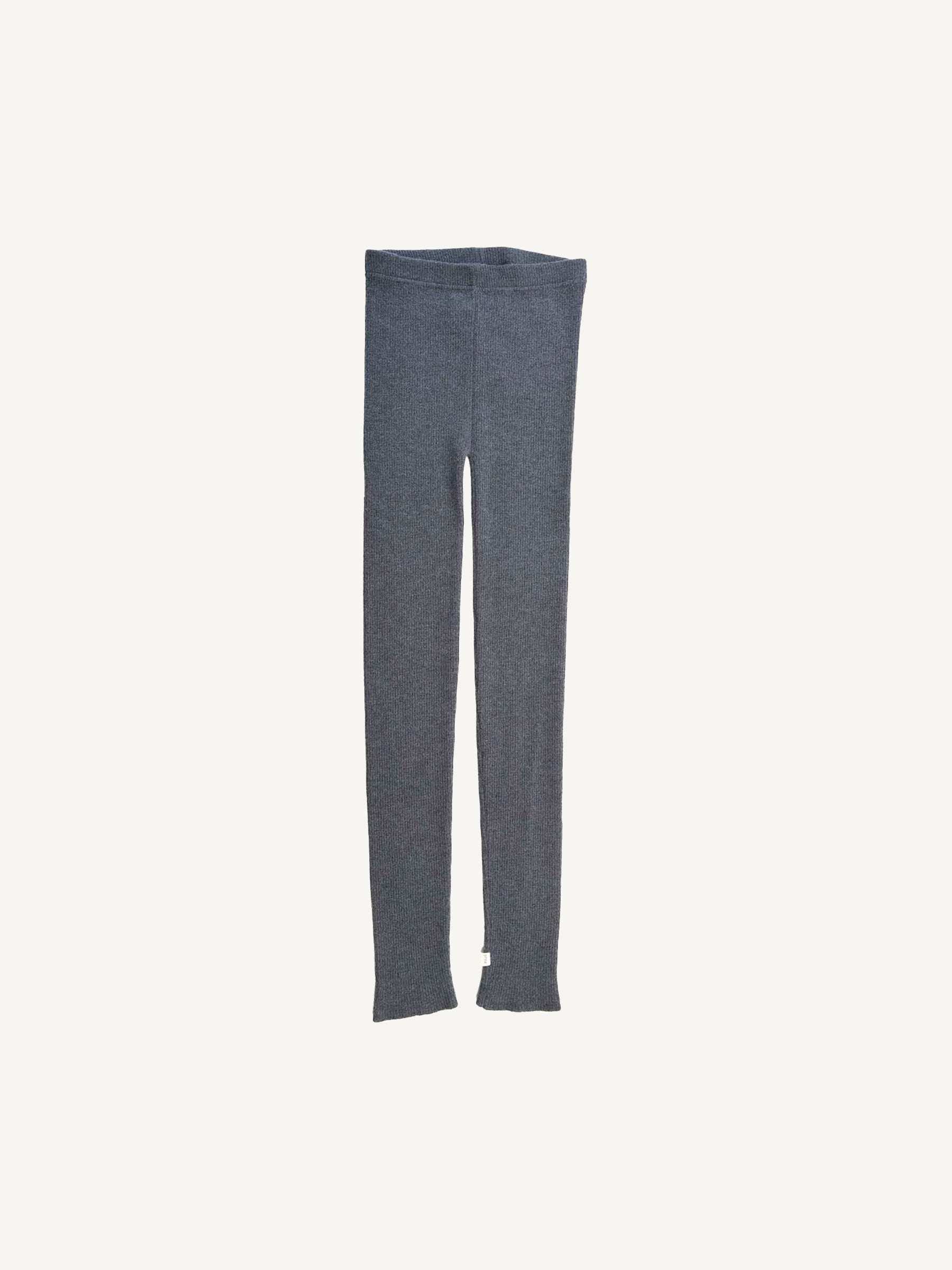 Nui Organics Women's Knit Leggings in Charcoal — flat lay showing full-length rib knit merino wool leggings with wide waistband